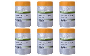 Малярська стрічка Colorus 6 x з захисною плівкою PLUS Goldband Fineline 55 см x 33 м Стійка до ультрафіолету 60 днів, для використання всередині та зовні приміщень Самоклеюча малярська плівка Малярська стрічка з захисною плівкою 6 x 55 см x 3300 см