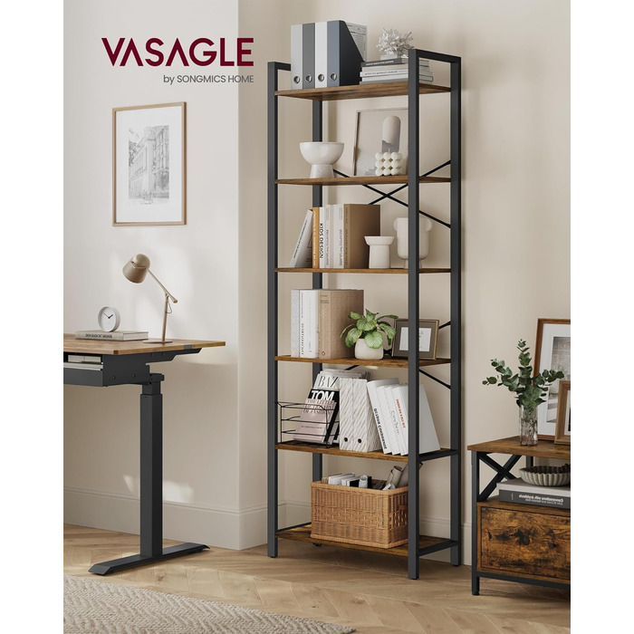 Полиця, книжкова шафа, полиця для стоячого монтажу, полиця для DVD, з 6 полицями, офісна полиця, відкриті полиці, для офісу, вітальні, спальні, кухні, 30 x 64 x 185,5 см, вінтажний коричневий-чорнильний чорний LLS062B01 64B см вінтажний коричневий чорниль