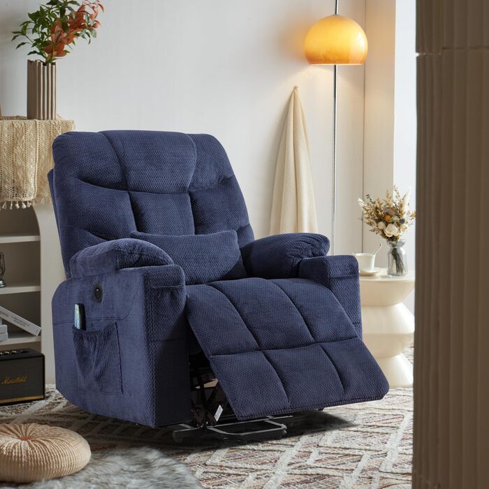 Електричне підйомне крісло, крісло-реклайнер з вібраційним масажем та функцією підігріву, зручне для людей похилого віку крісло для телевізора з безступінчастим регулюванням, пульт дистанційного керування, порт USB та Type-C, 3 положення (синє)