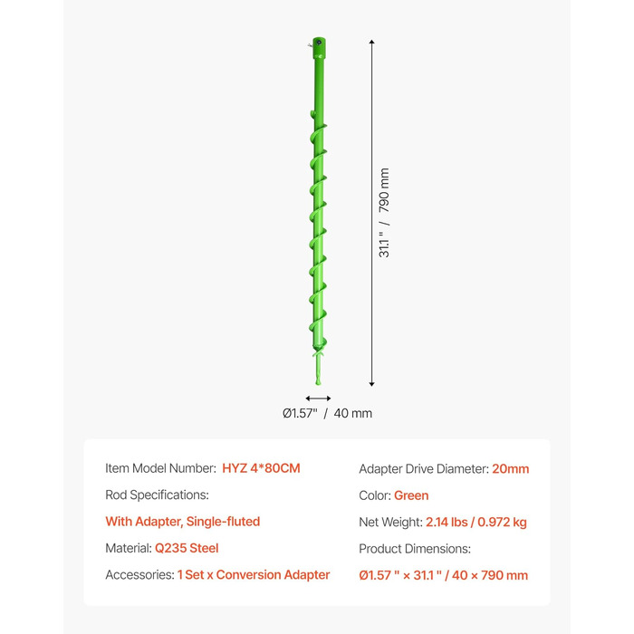 Бур для земляного буріння, діаметр 40x790 мм, садовий бур, сумісний з дрелями з внутрішнім діаметром 20 мм, бур для стовпів, бур для прокладання комунікацій, інструмент для копання для посадки та буріння