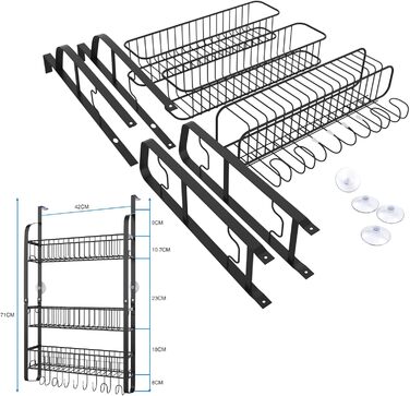 Полиця для холодильника з вуглецевої сталі, 3-секційна полиця для спецій (не потребує свердління), підвісна полиця з 8 гачками, підвісна кухонна полиця, органайзер для спецій з клейкими смужками