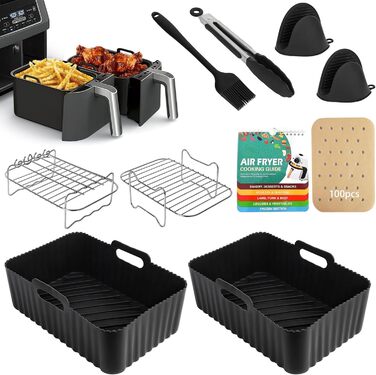 Аксесуари для фритюрниці, силіконові вкладиші для фритюрниці Ninja AF400EU AF300EU AF451EU AF500EU Tower T17088 7.6L-9.5L, 10 шт. Аксесуари для подвійної аерофритюрниці включають буклет посібника з кулінарії, чорний
