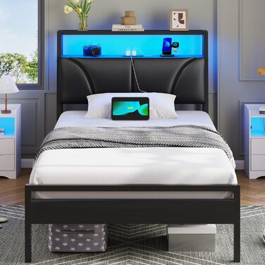 Ліжко 90x200 см з металевою рейковою основою, каркас ліжка 90x200 см зі світлодіодним підсвічуванням, дитяче ліжко 90x200 см з узголів&39ям та зарядною станцією (2 розетки змінного струму, 2 порти USB), металеве односпальне ліжко, чорне, 90x200 см