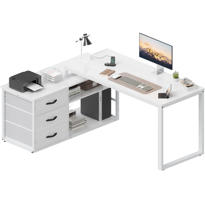 Г-подібний письмовий стіл з 3 шухлядами та місцем для зберігання речей, 140 x 105 x 75 см. Двосторонній кутовий письмовий стіл, Г-подібний письмовий стіл з 2 USB-портами для зарядки та 2 розетками, білий. 140 x 105 x 75 см. Білий
