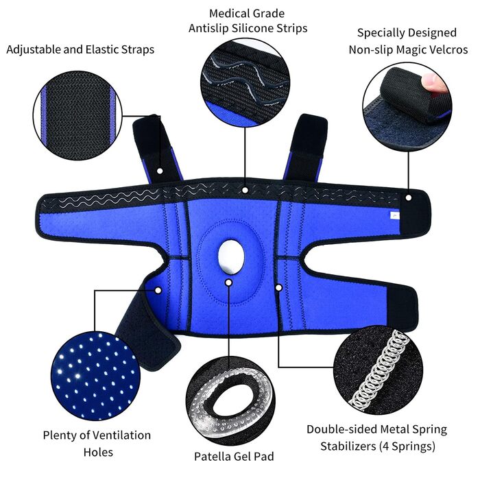 Бандаж на колінний суглоб ABYON (ука), бандаж на коліно з гелевими подушечками Patella та бічними стабілізаторами пружини для чоловіків Жінки Біль у колінах, набряк, розрив меніска, полегшення болю в суглобах M Black Blue