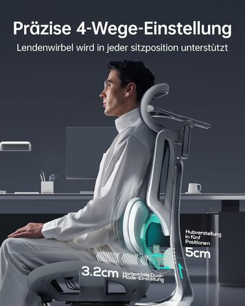 Ультраергономічне офісне крісло Hbada E3, велике та високе офісне крісло з 3-зонною динамічною поперековою підтримкою, механічними підлокітниками на 360, регульованим підголівником у 4 напрямках, сіре