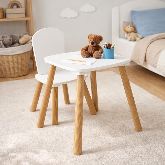 Комплект столу та стільців Atmosphera Alex для дітей, 2 предмети (1 стіл 1 стілець), водовідштовхувальна стільниця, меблі для спальні, меблі для ігрової кімнати, для дівчаток та хлопчиків, дерево, закруглені краї, білий