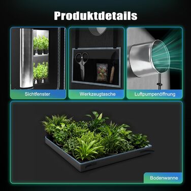 См, Гроубокс з міцним та водонепроникним зовнішнім шаром 1680D, високовідбиваюче алюмінієве внутрішнє покриття, Гроутент з великим оглядовим вікном та піддоном, A06 (Чорний) 60 см (Ш) x 60 см (Г) x 180 см (В), 60x60x180