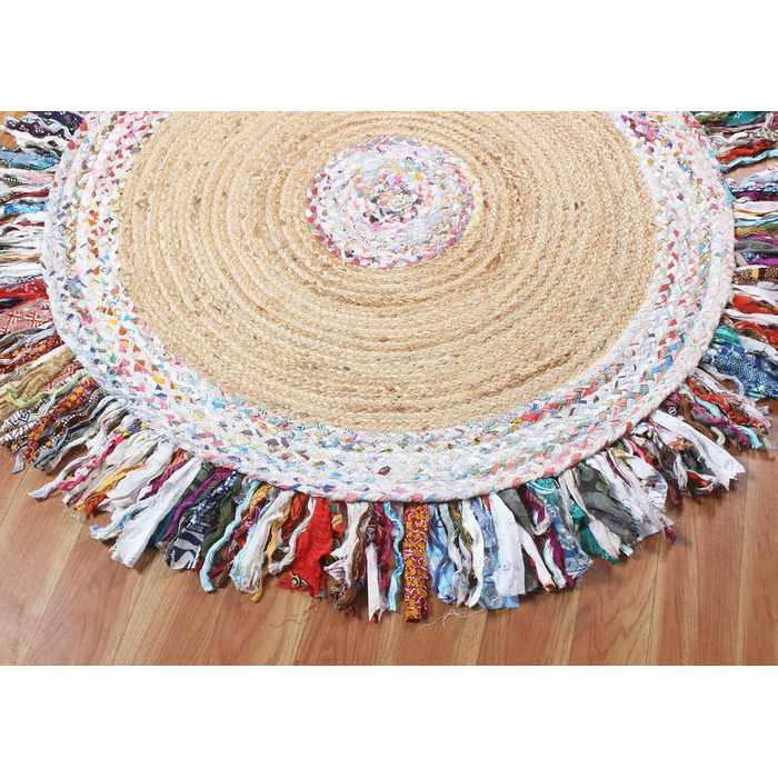 Індійський круглий килим ручної роботи CASAVANI, 12 різнокольорових кіл, килим кілім, натуральна китиця, бавовна чінді, джутовий к