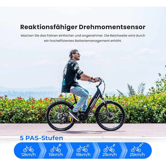 Електровелосипед Touroll MA1 26 дюймів для дорослих, міський електричний велосипед з двигуном 250 Вт 75 Нм із середнім приводом та акумулятором 36 В 468 Втгод, запас ходу 110 км, гідравлічні дискові гальма, електровелосипеди для чоловіків та жінок