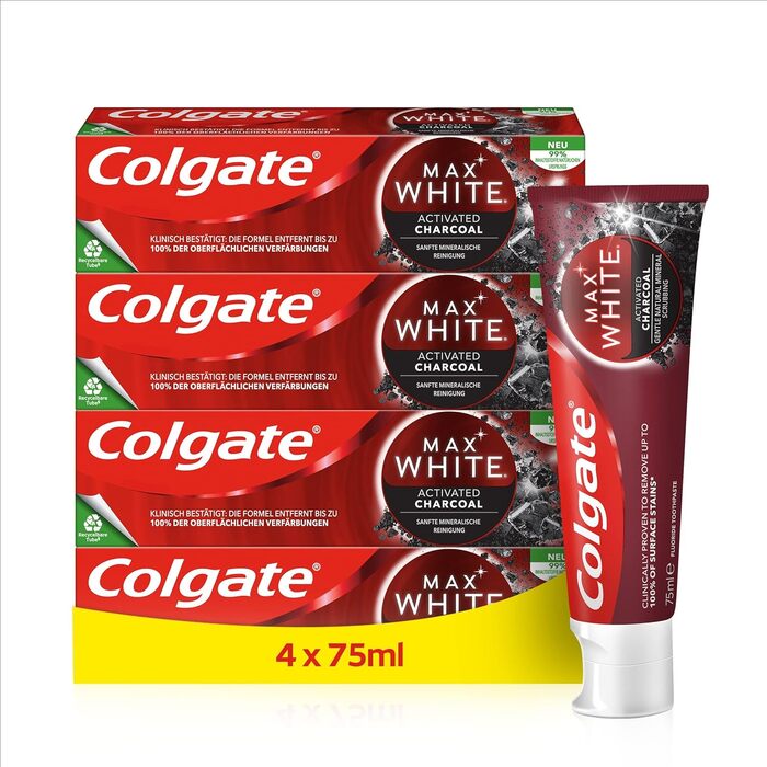 Зубна паста Colgate Max White Charcoal 4x75мл - зубна паста з активованим вугіллям, видаляє до 100 поверхневого знебарвлення