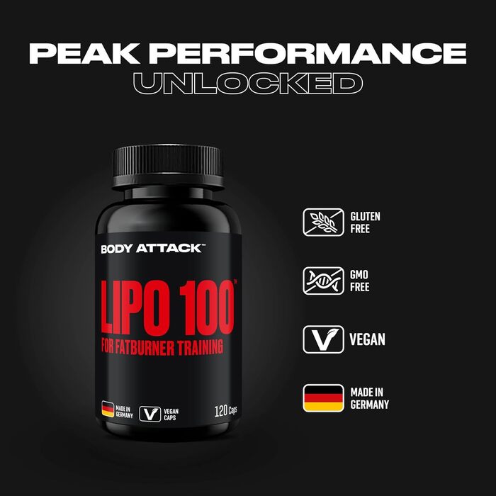 Капсули для спалювання жиру Body Attack LIPO 100 - з ліпохліном, 200 мг кофеїну, екстрактом женьшеню та зеленого чаю - додаткові вітаміни групи В та цинк - для тренувань та дієти - виготовлено в Німеччині 120 капсул (1 упаковка)