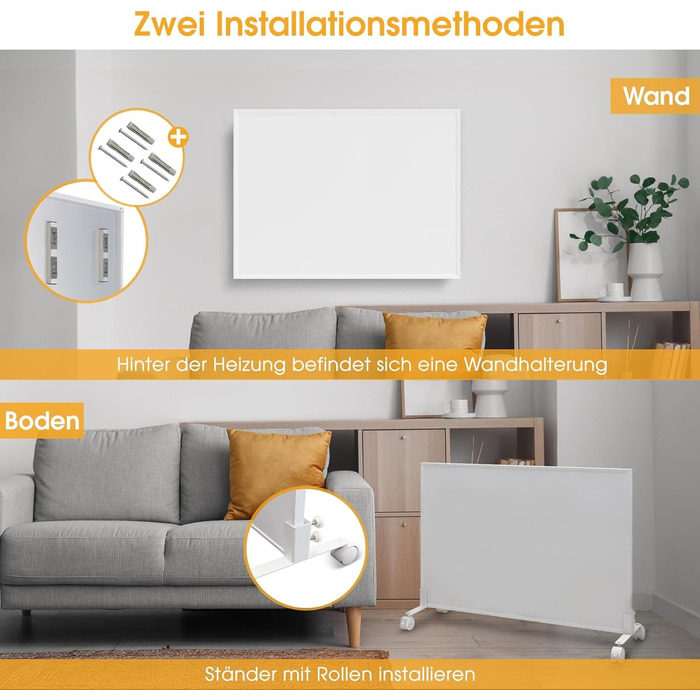 Інфрачервоний окремостоячий обігрівач - 900 Вт - Керування за допомогою застосунку, пульт дистанційного керування та термостат - Електричний обігрівач на ніжках та настінному кріпленні - Окремостоячий обігрівач на колесах - Захист від перегріву - Енергозб