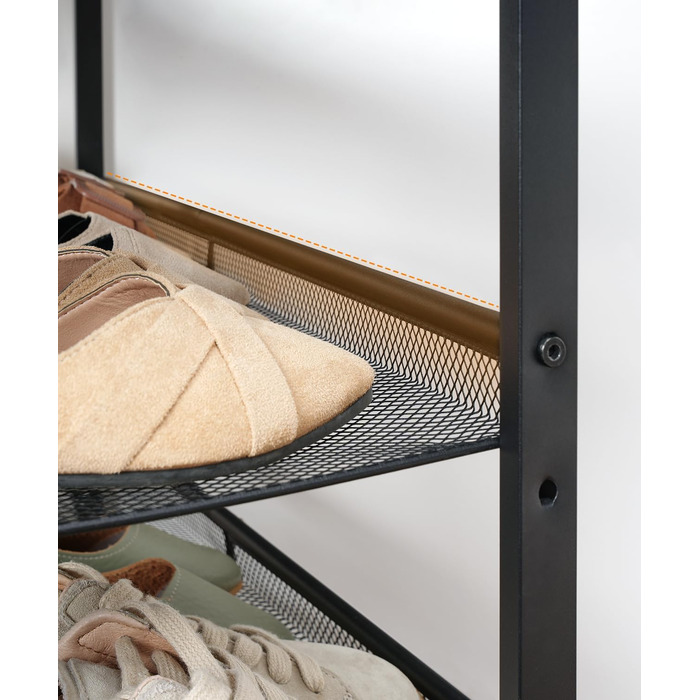 Взуттєва полиця HOOBRO, 4 полиці для взуття, шафа для взуття, регульована металева сітчаста полиця, містка верхня частина, для 12-15 пар взуття, вхід, коридор, індустріальний стиль, вінтажний коричнево-чорний EBF42XJ01 темно-коричневий чорний 75 x 30 x 69