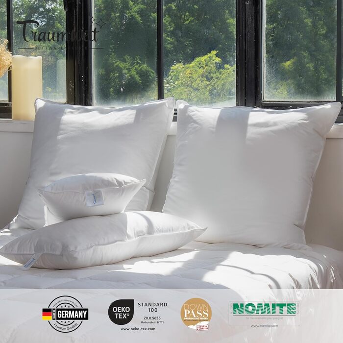 Пухова подушка, виготовлена в Німеччині, 3-камерна, 80x80 см, білого кольору, підходить для алергіків, сертифікована за стандартом Oeko-Tex Standard 100, клас 1, Downpass 80 x 80 см 1