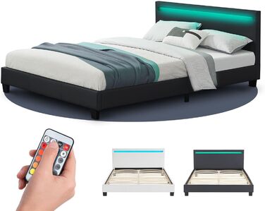 М'яке ліжко Juskys Paris 140x200 см зі світлодіодним підсвічуванням, решітчастим каркасом та узголів'ям - зі штучної шкіри та дере