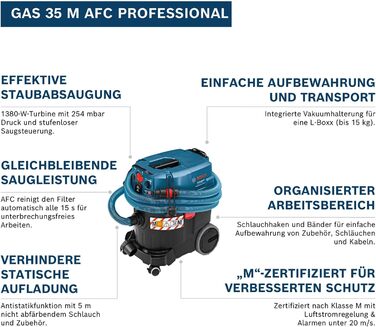 Професійний пилосос Bosch Professional GAS 35 M AFC для вологого та сухого прибирання (потужність 1200 Вт, резервуар 35 л, шланг 5 м)