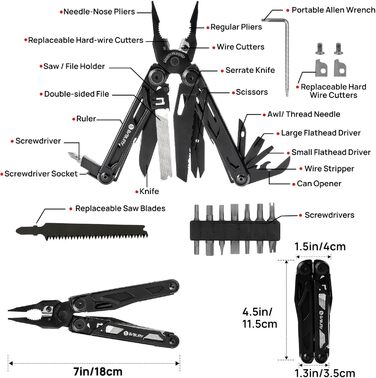Багатофункціональні складані плоскогубці BIBURY 16-в-1 з покращеними ножицями та викруткою, з нейлоновим чохлом, ідеально підходять для активного відпочинку, походів, самостійного ремонту, подарунка для тата, для чоловіків, чорного кольору