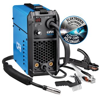 Зварювальний апарат CFH FSG 884 (120 А) MMA та Flux (без газу), з функціями Hot Start, Anti Stick та Arc Force, для електродів Ø 1,53,2 мм та порошкового дроту Ø 0,8/0,9 мм, товщина матеріалу до 4 мм