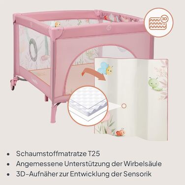 Дитячий манеж та дорожнє ліжечко LIONELO Mille Plus 2-в-1 100x100 см з матрацом та 3D-чохлом для немовлят, вагою до 15 кг (0-36 місяців), бічний вхід на блискавці, 2 колеса з гальмами, складний, сумка для перенесення рожевого кольору