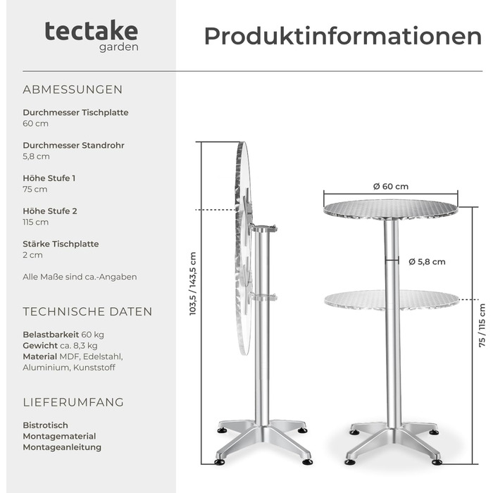 В-1 розкладний стіл Ø 60 см, бістро-стіл, розкладний балконний стіл, алюмінієвий барний стіл, стіл з регульованою висотою 75 см / 115 см, стіл для вечірок, круглий обідній стіл, садовий стіл, розкладний стіл - сріблястий 75/115 см / Ø вертикальної труби 5