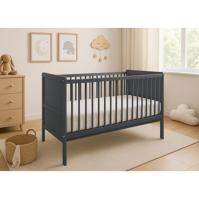 Дитяче ліжко Nelly 120x60 см Дитяче ліжко Сірий колір Бук Регульована висота у 2 напрямках 3 знімні перекладини Сертифіковано EN 716