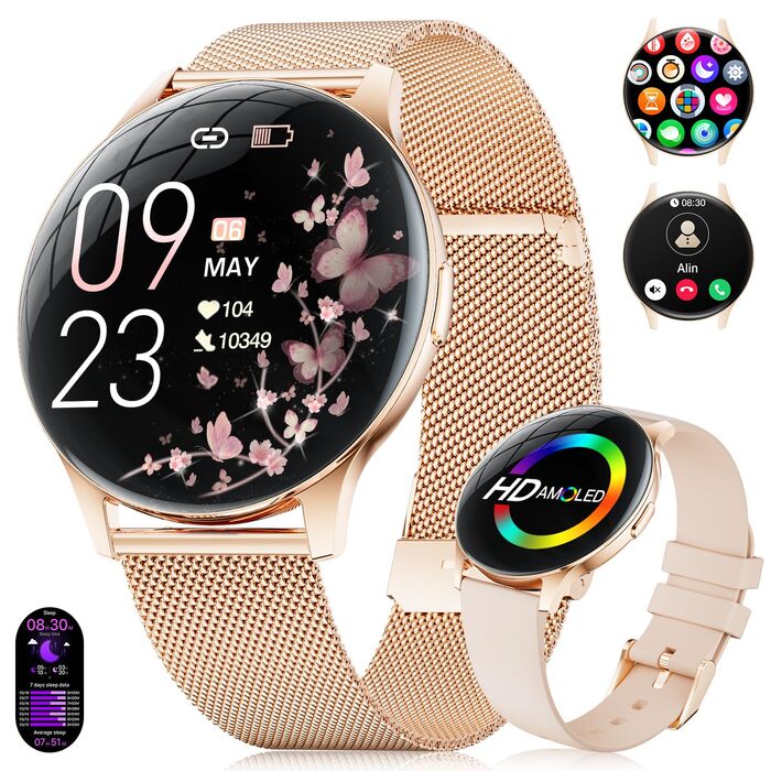 Жіночий смарт-годинник 2026 року з дзвінками - 7,99 мм ультратонкий елегантний фітнес-годинник з 1,43-дюймовим HD-дисплеєм, що постійно ввімкнено, водонепроникний IP68, понад 100 спортивних режимів, жіноче здоров&39я для iOS та Android, рожеве золото FV21