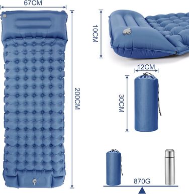 Самонадувний кемпінговий матрац CARBURATEUR, портативний надувний матрац 2024 для кемпінгу, пляжу, походу, намету, зручний і компактний темно-синій односпальний