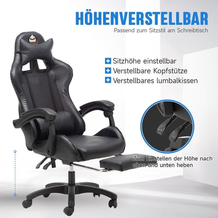 Ергономічне ігрове крісло, офісне крісло з регульованою висотою та функцією відкидання (чорне)