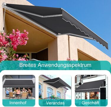 Тент на балкон з кріпленням на скобах, сонцезахисний козирок, складний тент з ручним приводом, сонцезахист, водонепроникний, пилонепроникний, регульована висота (темно-сірий, 3 * 2,5 м) 3 * 2,5 м темно-сірий