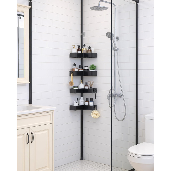 Кутова полиця для душу Kitsure з телескопічною стійкою, регульована по висоті, металеві кошики, монтаж без свердління, висота 87-290 см, ширина 24.6 см, чорний колір (24.6 x 24.6 x 290 см)