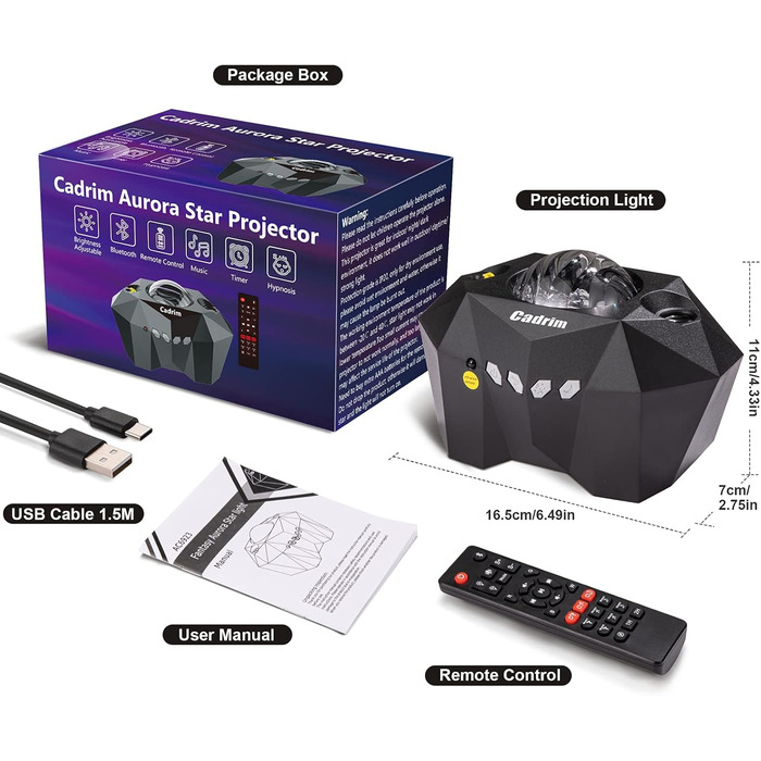 Проектор зоряного неба Cadrim, світлодіодний проектор зірок, лампа Aurora з пультом дистанційного керування для вечірок, Різдва, подарунків на Хелловін