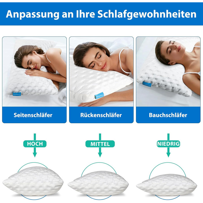 Охолоджувальна подушка для сну на боці SKYNY для підтримки шиї та плечей подушка з подрібненого пінного матеріалу з ефектом пам&39яті, ортопедична подушка для сну з регульованою висотою та чохлом, який можна прати, 5072 см
