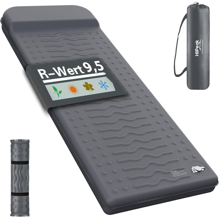 Килимок для сну HiiPeak R-value 9.5 надзвичайно теплий кемпінговий матрац з подушкою, ізольований пінопластовий надувний матрац для зими та літа, зручний килимок для сну для кемпінгу, активного відпочинку на свіжому повітрі, походів та наметів, сірий