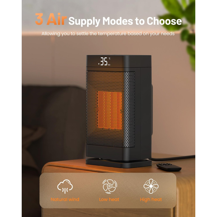 Портативний вентилятор-обігрівач потужністю 1500 Вт, енергозберігаючий електричний обігрівач з 3 швидкостями та екорежимом, тихий (35 дБ), компактний та швидкий нагрів за 2 секунди, захист від перегріву, поворотна конструкція для вітальні, офісу, ванної к