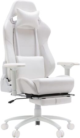 Ігрове крісло, ергономічне офісне крісло з підставкою для ніг та поперековою опорою, крісла для відеоігор для дорослих, регульоване офісне крісло з поворотним на 360 сидінням та підголівником для домашнього використання, біле