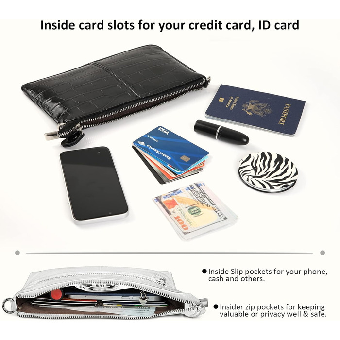 Стильна жіноча сумка-клатч на зап'ястя з натуральної шкіри Befen. Невеликий кросбоді з RFID-захистом та відділеннями для карток, чорний колір, імітація шкіри крокодила