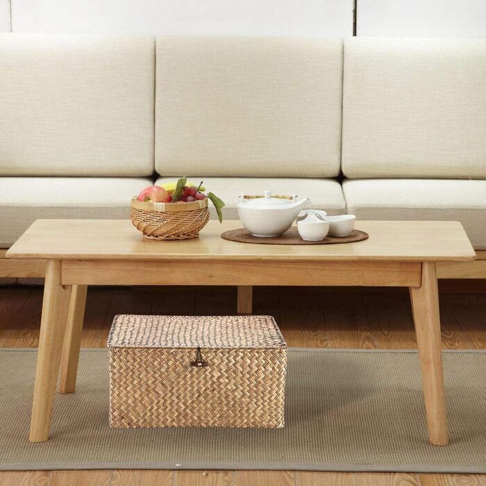 Плетений кошик для зберігання з морської трави з кришкою, натуральний плетений коричневий кошик-поличка з пряжкою для організації іграшок, одягу, фруктів для гардеробу, вітальня, 40 x 28 x 19 см, кавово-коричневий