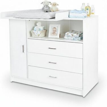 Пеленальний столик ecomi, дитячий комод з дерева з пеленальною тумбою, 3 шухляди, 1 дверцята, висота 100 см, білий колір, пеленальний столик 113x100 см, хромовані ручки