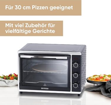 Духова шафа SEVERIN з функцією конвекції, міні-піч з решіткою для гриля, деком для випікання, грилем і каменем для піци, універсальна конвекційна піч ємністю 42 л, 1 800 Вт, чорна, TO 2058 42 л з практичним грилем і каменем для піци
