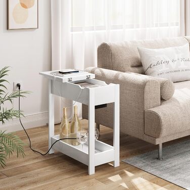 Приставний столик EUGAD, тумбочка з розеткою, столик для дивана, журнальний столик, маленький столик, консольний столик, розкладна стільниця, 3 полиці, для вітальні, спальні, кухні, білий, 0001CHJ