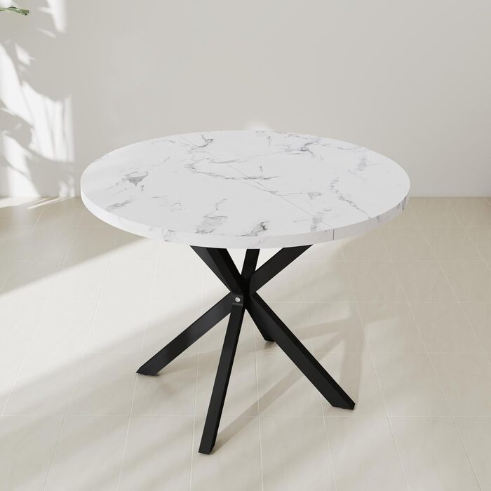 Сучасний круглий обідній стіл з промисловим листовим металом та чорними металевими ніжками - Скандинавський стіл для вітальні або кухні, 4-6 осіб, 100 см - Мармурова структура білийчорний