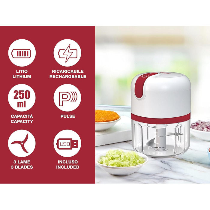 Подрібнювач з підключенням USB, міні кухонний комбайн, ємність 250 мл, потужність 3,7 В, 3 леза з нержавіючої сталі, акумуляторна