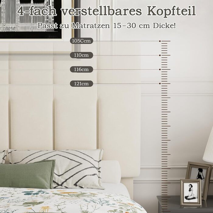 М&39яке ліжко VECELO 140x200 см Двоспальне ліжко, Каркас ліжка з регульованим по висоті узголів&39ям, оксамитовим чохлом та рейковою основою, Легке складання, Ідеально підходить для спалень та гостьових кімнат, Бежевий 140 x 200 см