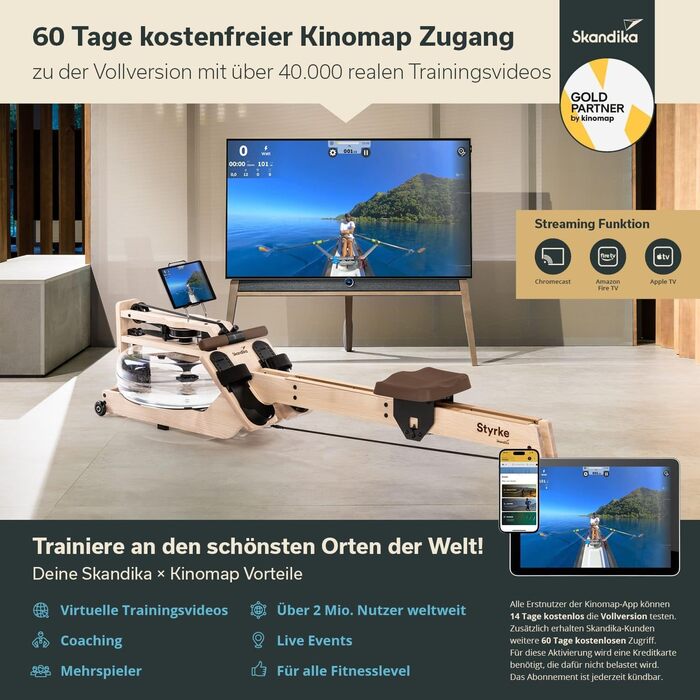 Водний гребний тренажер преміум-класу Skandika Styrke Зроблено в Німеччині, дерев&39яний водний гребний тренажер, функція застосунку Kinomap, домашній гребний тренажер, масив ясена з Німеччини, природний досвід веслування, до 180 кг, арктично-білий, корич