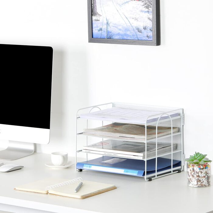 Металевий офісний органайзер EasyPAG з 4 відділеннями A4, тримач для документів, лоток для файлів, тримач для журналів, лоток для листів, органайзер для паперових журналів, білий