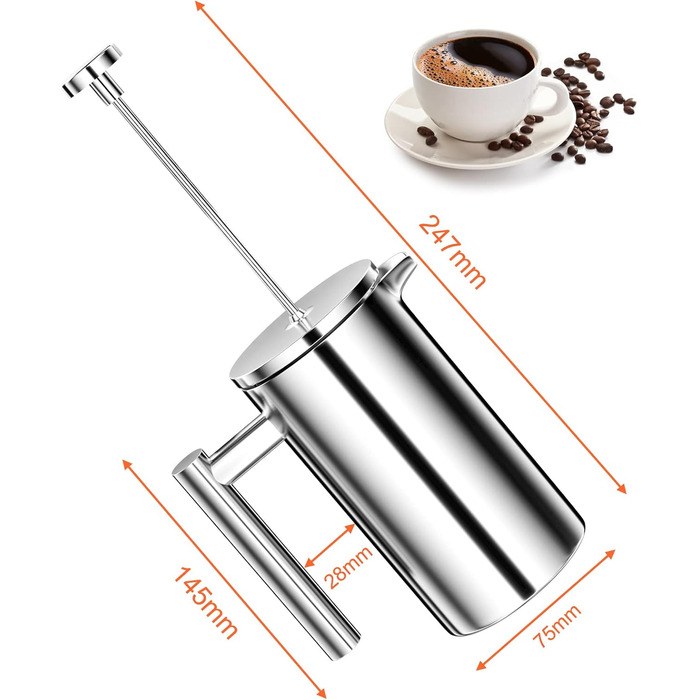 Кавоварка для френч-пресу Uootach 350 мл, високоякісні кавоварки з нержавіючої сталі, кавоварка френч-прес з потрійним фільтром з нержавіючої сталі, для дому, подорожей, кемпінгу (срібло)