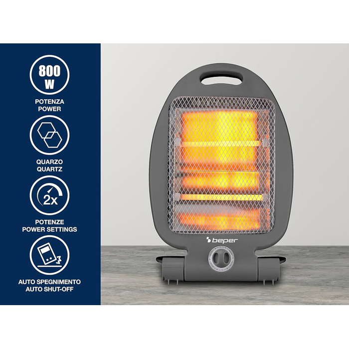 Кварцовий обігрівач BEPER P203PAN004, 400/800 Вт, швидкий нагрів, 2 рівні потужності, 2 нагрівальні елементи, еко-функція, автоматичне вимкнення, сірий, модель 2025
