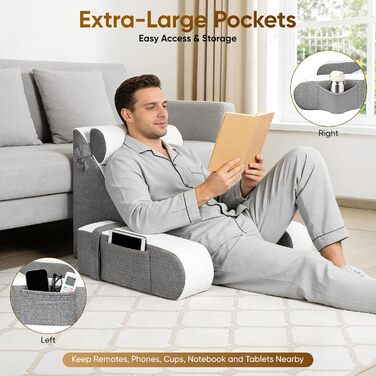 Подушка для читання зі знімним потиличним валиком та підлокітником, ергономічна подушка для спини/книги з кишенею для зберігання та чохлом, який можна прати, для ліжка та дивана для читання, роботи, сну та перегляду телевізора