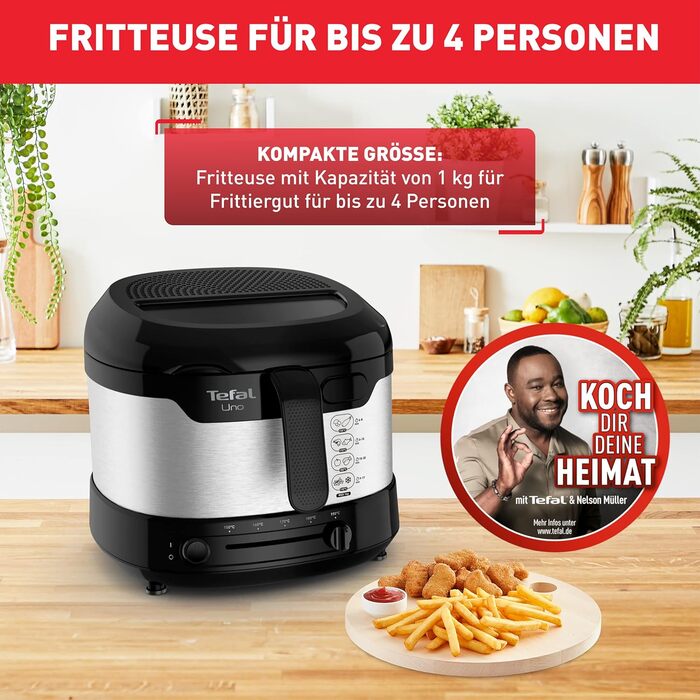 Фритюрниця Tefal Uno M FF215D 1470 Вт місткість 1 кг регульований термостат оглядове вікно положення зливу нержавіюча сталь/чорний